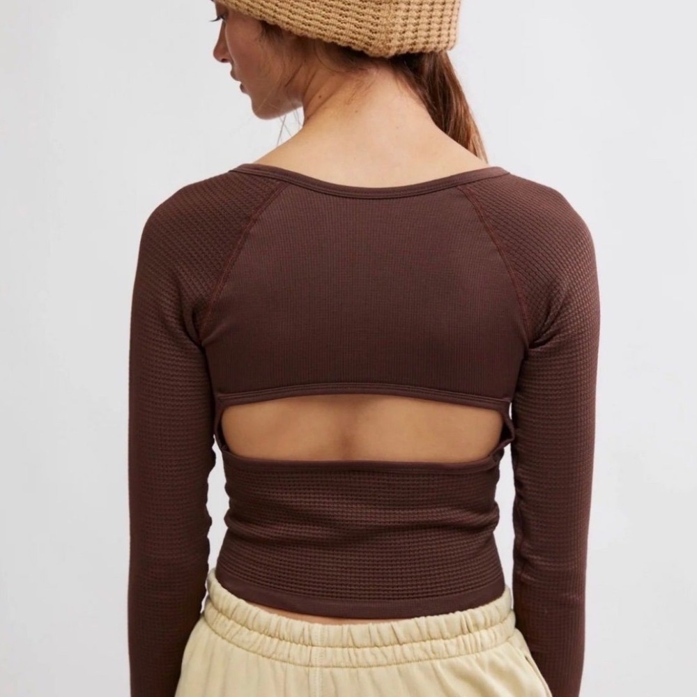FP Movement Free People One On One Henley Cocoa Brown Open Back Top M/L